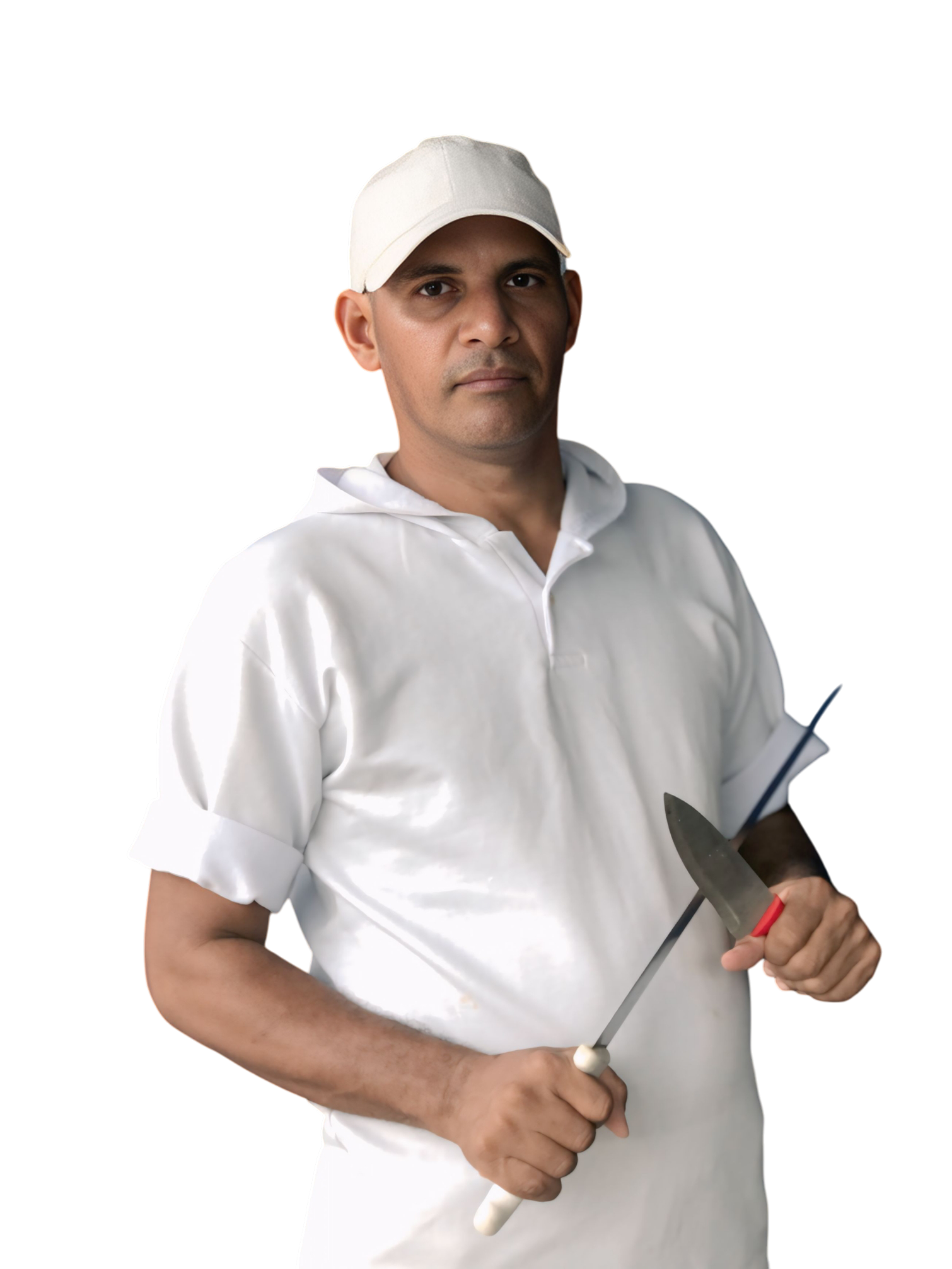 Man in white uniform holding meat cleaver in butcher shop with blurred background lights 